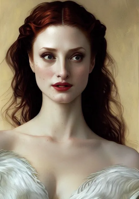 Image similar to sansa angeline jolie gessica chastain vampire teeth white skin, intricate, elegant, highly detailed, digital painting, artstation, concept art, smooth, sharp focus, illustration, art by artgerm and greg rutkowski and alphonse mucha and william - adolphe bouguereau