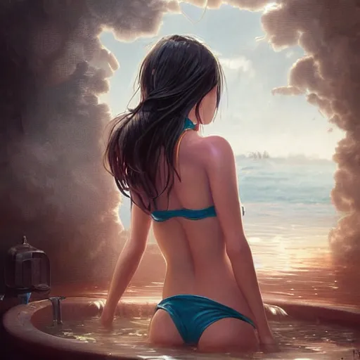 Prompt: a seductive look asia girl in a bikini standing in a water pool, beautiful eyes, digital illustration, fantasy, art, amazing detail, in the style of greg rutkowski