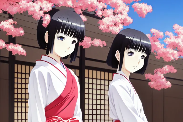 Image similar to anime visual, full body portrait of a japanese woman in traditional clothes outside a temple sweeping, cute face by ilya kuvshinov, yoshinari yoh, makoto shinkai, katsura masakazu, dynamic perspective pose, detailed facial features, kyoani, rounded eyes, crisp and sharp, cel shad, anime poster, ambient light