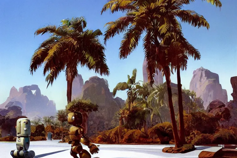 Image similar to natural american landscape | robot greeting another robot | palm trees | snowy mountains, painting by syd mead and weta studio and james jean, frank frazetta, highly detailed, rule of third, soft lighting, 8 k resolution, oil on canvas, architectural magazine, beautiful detailed, insanely intricate details, artstation trending, hypermaximalistic, high details, cinematic