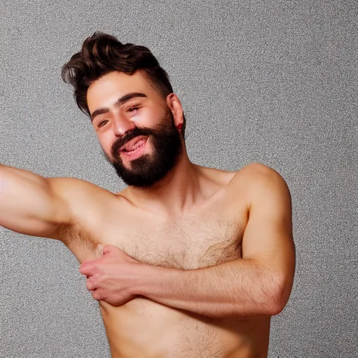 Image similar to high-resolution photograph of a lad showing off his hairy armpits