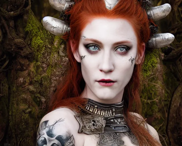 Image similar to 5 5 mm portrait photo of an armored gorgeous anesthetic redhead woman warrior with a face tattoo and sheep horns growing from her head, in a magical forest in the style of stefan kostic, art by luis royo. highly detailed 8 k. intricate. lifelike. soft light. nikon d 8 5 0. cinematic post - processing