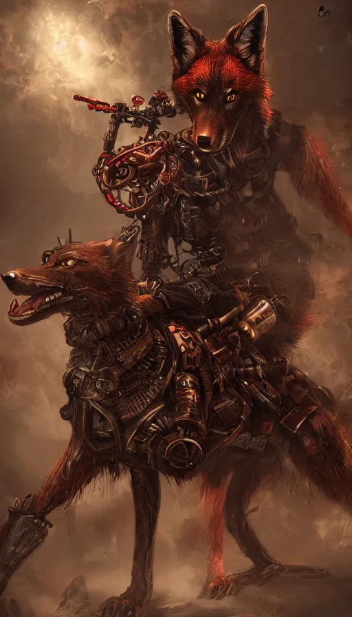 Prompt: steampunk red wolf, epic, cinematic, concept art, art station, highly detailed, fantasy, light