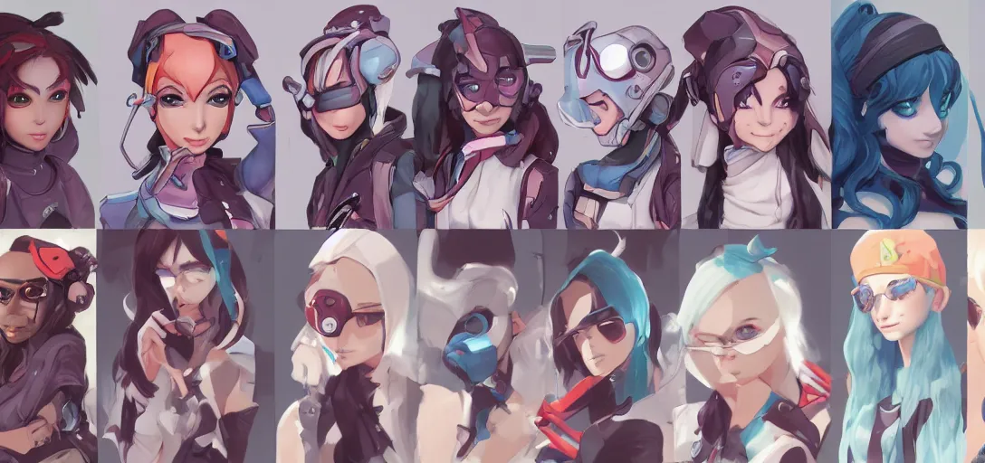 Prompt: concept art of egirl female video game characters head designs, wild, pastels, disgaea, flcl, overwatch, by marc brunet and artgerm