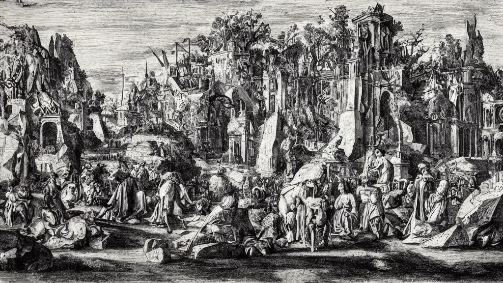 Prompt: a medieval chiaroscuro lithograph of a colossal sculpture garden, the merely beautiful bore me to death