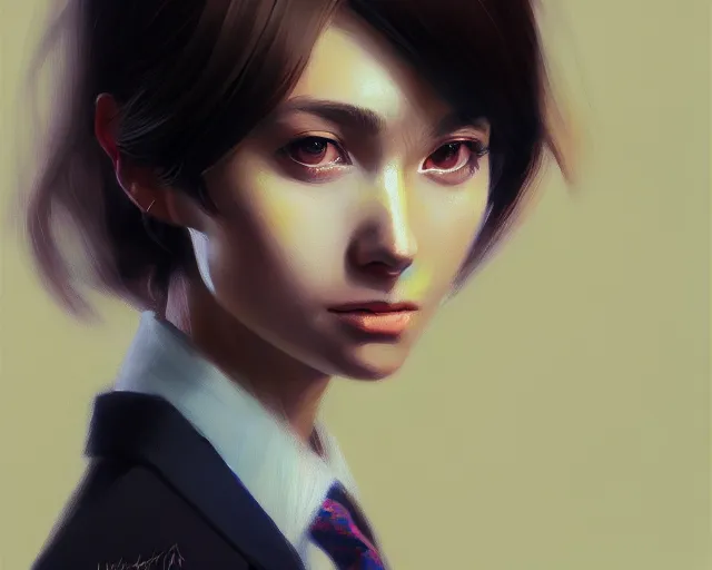 Image similar to a ultradetailed beautiful portrait panting of a stylish woman wearing a shirt with a tie, she has messy hair, oil painting, by ilya kuvshinov, greg rutkowski and makoto shinkai, trending on artstation