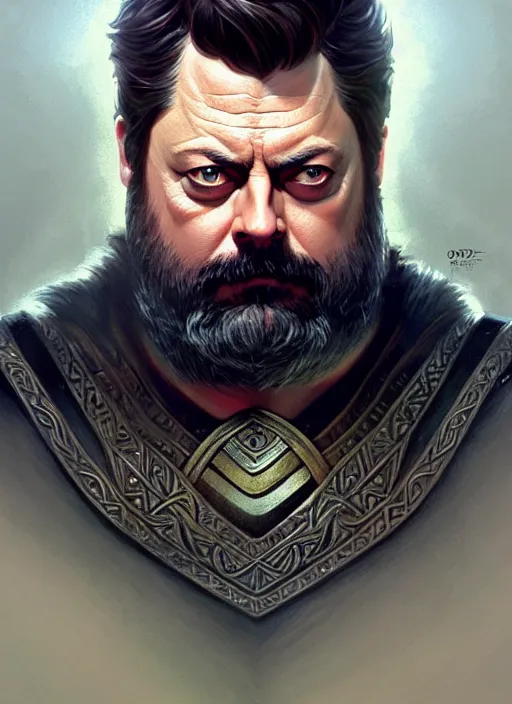 Image similar to portrait of nick offerman as odin, d & d, muscular, fantasy, intricate, elegant, highly detailed, digital painting, artstation, concept art, smooth, sharp focus, illustration, art by artgerm and greg rutkowski and alphonse mucha