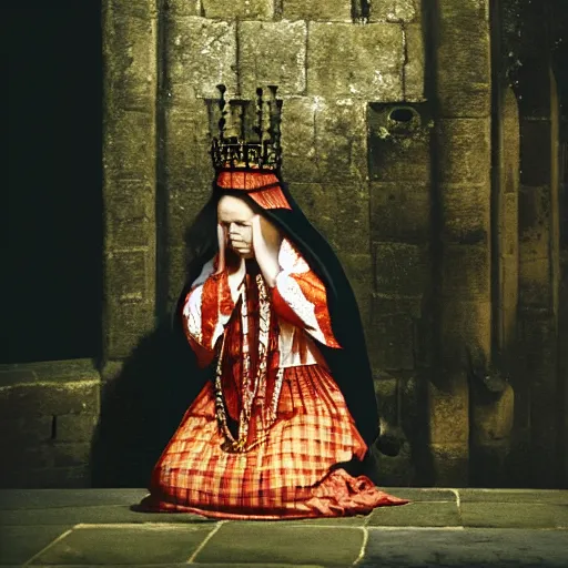 Prompt: high quality large format photograph of anne boleyn praying in the tower of london by steve mccurry