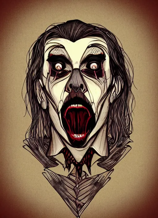 Prompt: bored male vampire, symmetrical face, creepy halloween theme, color illustration line art style
