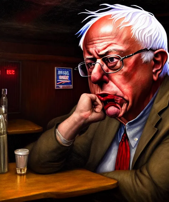 Image similar to hyperrealistic mixed media painting of Bernie Sanders as a crazy drunk, dimly lit dive bar, stunning 3d render inspired art by P. Craig Russell and Barry Windsor-Smith + perfect facial symmetry + dim volumetric lighting, 8k octane beautifully detailed render, post-processing, extremely hyperdetailed, intricate, epic composition, grim yet sparkling atmosphere, cinematic lighting + masterpiece, trending on artstation, very very detailed, masterpiece, stunning