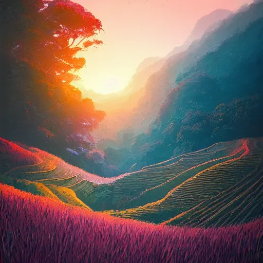 Image similar to beautiful scenery of rice terraces, by anato finnstark, by alena aenami, by john harris, by ross tran, by wlop, by andreas rocha