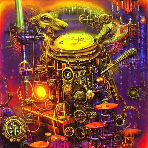 Image similar to steampunk rat, acid, 303, psychedelic, by paul lehr, cd cover