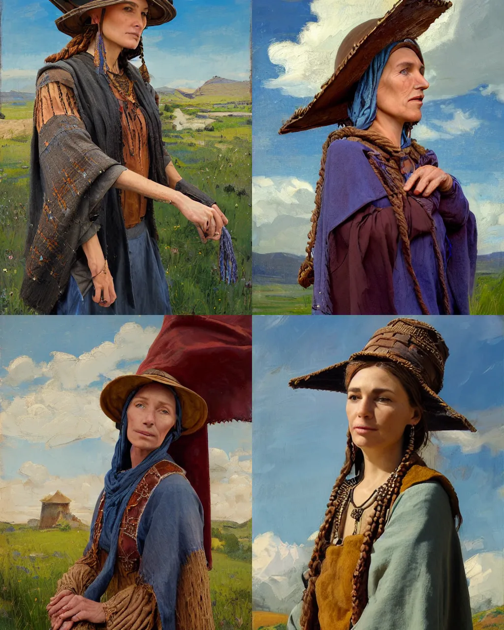 Image similar to portrait of medieval farmer woman with wooden jewelry, mediterranean features, wearing rich jewerly hat and deep blue boho poncho, fantasy character close up portrait, sitting dynamic pose, Low poly, thunder clouds in the sky, artwork by Jeremy Lipkin and Giuseppe Dangelico Pino and Michael Garmash and rob rey, levitation, industrial rusty pipes, simple form, brutal shapes