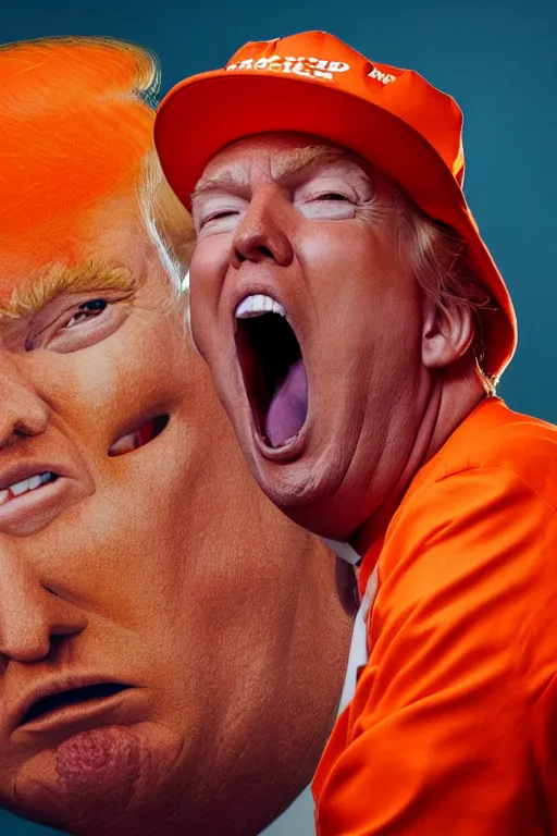 Image similar to Close-up portrait of Donald Trump in jail wearing orange clothes with an American bald eagle attacking him, octane, dramatic lighting, editorial photo, 35mm, very detailed