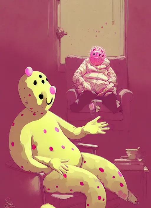 Prompt: mr blobby visiting his gran, by greg rutkowski, by greg, tocchini, by james gilleard, by joe fenton, by kaethe butcher, gradient yellow, pink, brown and white color scheme, grunge aesthetic!!! ( ( silly background ) )