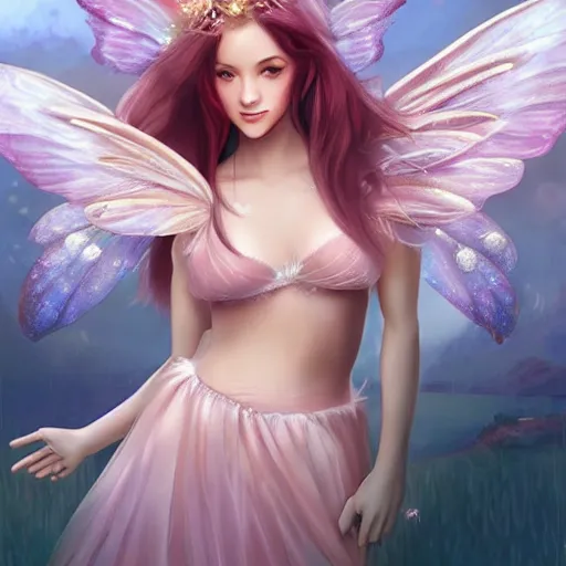 Prompt: very very very beautiful fairy princess with fairy wings, bare midriff, one foot raised off the ground, full body portrait, eye contact, smiling, flirty, perfect face, perfect body, drawn by artgerm