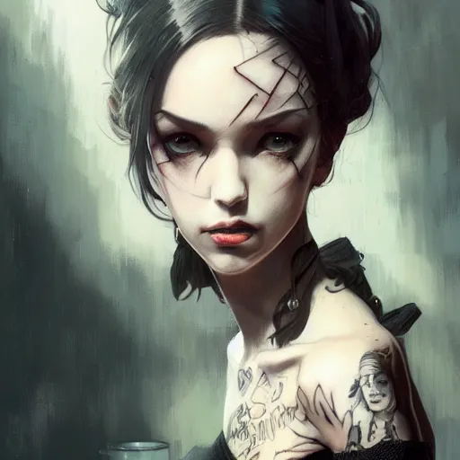 Image similar to french bar maid, tattoos, black t - shirt, black skirt, detailed portrait, intricate complexity, by greg rutkowski, artgerm, ross tran, conrad roset, takato yomamoto, ilya kuvshinov. 4 k, beautiful, cinematic dramatic atmosphere