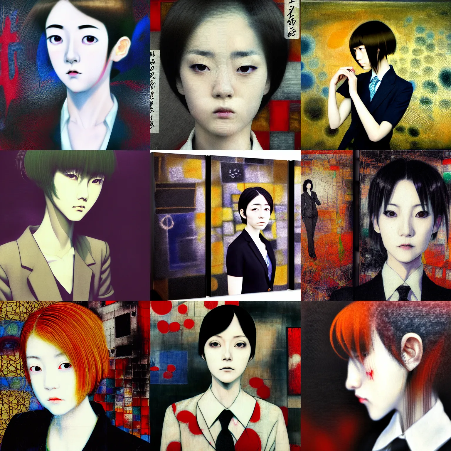 Image similar to yoshitaka amano blurred and dreamy realistic three quarter angle portrait of a young woman with short hair and black eyes wearing office suit with tie, junji ito abstract patterns in the background, satoshi kon anime, noisy film grain effect, highly detailed, renaissance oil painting, weird portrait angle, blurred lost edges