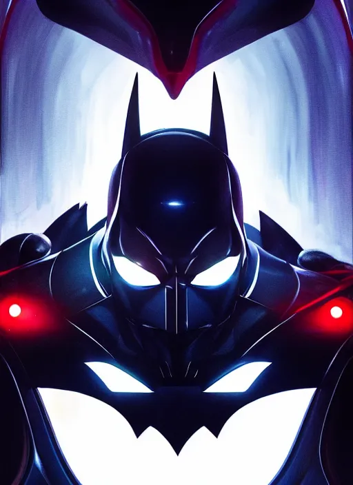 Image similar to symmetry!! portrait of batman beyond, 1 9 9 9 tv series, sci - fi, tech wear, glowing lights!! intricate, elegant, highly detailed, digital painting, artstation, concept art, smooth, sharp focus, illustration, art by artgerm and greg rutkowski and alphonse mucha