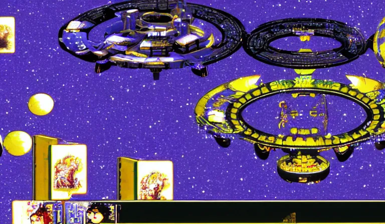 Image similar to Visual novel game set in a Byzantine space station, gameplay screenshot with UI, 4K, anime, by Tadanori Yokoo, Yoshitaka Amano, CLAMP