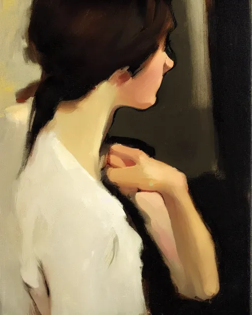 Prompt: portrait of a young girl in profile, painting by malcolm liepke