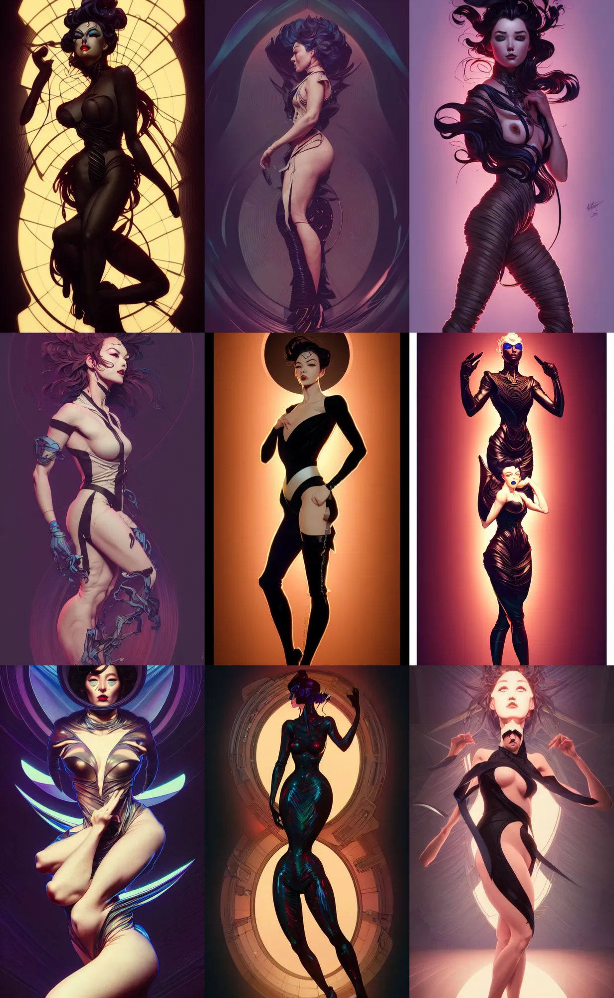 Prompt: digital concept art by artgerm, tooth wu, dan mumford, beeple, rossdraws, james jean, marc simonetti and alphonse mucha. just one lonely black tape project attctive showgirl!! full body!! contour light effect!! hd, 4 k, stage light. octane render. sharp edge. ultra clear detailed