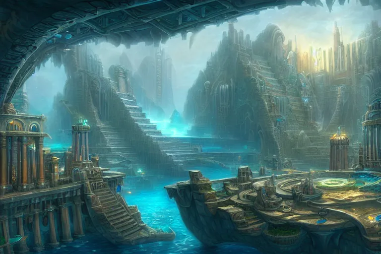 Image similar to a beautiful complex insanely detailed matte painting of the magical city of Atlantis by Tyler Edlin, 4k, trending on artstation