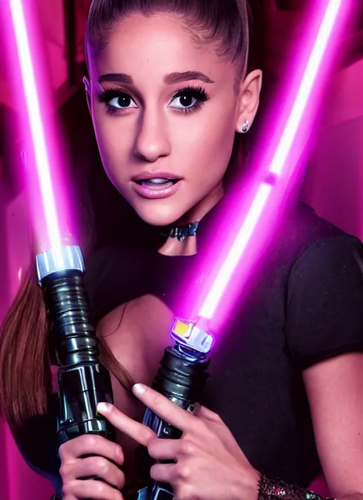 Image similar to An extremely detailed photo of Ariana Grande in the Star Wars universe with two pink lightsabers held in each hand. Maximum detail on artstation, photo realism, vivd details, vivd colour, volumetric lighting