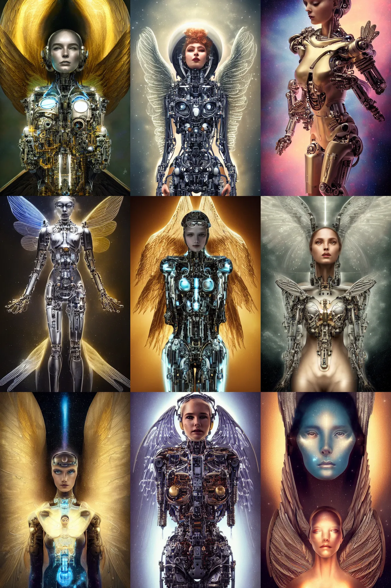 Prompt: a beautiful ultradetailed fine art photo of a cybernetic cyborg angel set against galactic space, by tom bagshaw and anna dittman, portrait, soft backlighting, bionic implants on the face, 5 0 mm lens, golden ratio composition, detailed faces, studio lighting, very detailed, industrial mechanical robot neon wings, artstation, 8 k, highly coherent