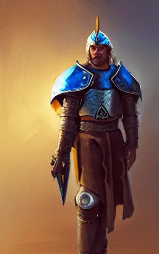 Image similar to highly detailed concept art of a rugged young knight with blonde hair and blue eyes and a short beard wearing a blue shirt over chain mail and steel pauldrons and a yellow cape and leather boots holding a shield and a warpick, concept art by Greg Rutkowski, realistic, masterpiece, ArtStation