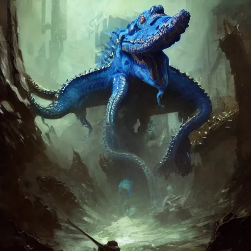 Image similar to blue crocodile squid hybrid, epic fantasy style art by Craig Mullins, fantasy epic digital art, epic fantasy card game art by Greg Rutkowski