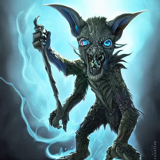 Prompt: a highly detailed goblin with grey skin and blue eyes that glow, like magic the gathering, goblin chainwalker, with wind wiping around it, digital art, by christopher rush