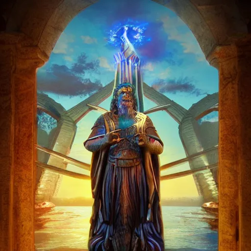 Image similar to A large statue of a wizard guarding the entrance to a multiverse portal, landscape art, concept art, fantasy, inspiring, colossus of rhodes, bright lighting, colorful