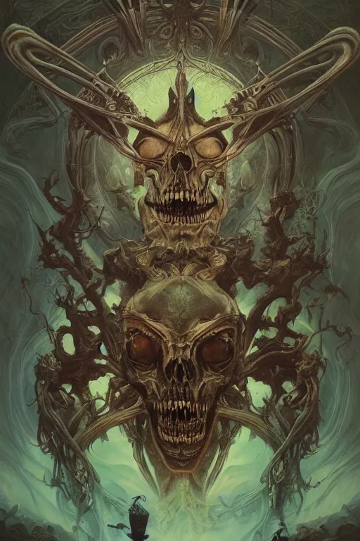 Image similar to evil gigantic alien skull lord of death, fantasy painting, ultra realistic, wide angle, art nouveau, intricate details, rainbowshift, vivid colors, highly detailed by peter mohrbacher, h. r. giger, maxfield parrish, aaron horkey, gaston bussiere, craig mullins