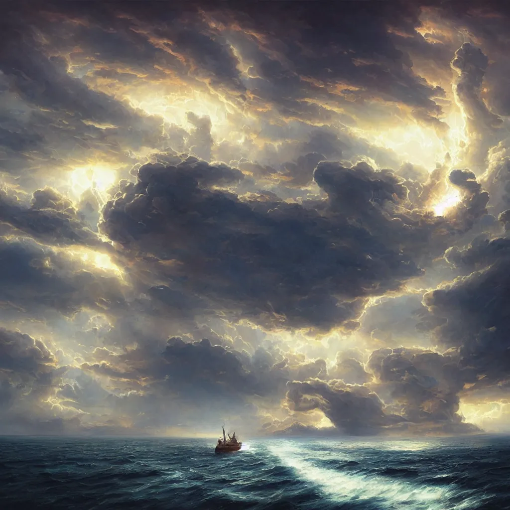 Image similar to a sending down [ of the revelation ] from him who created the earth and the lofty heavens, overdetailed art, noah's ship, by greg rutkowski, by rhads, sharp focus