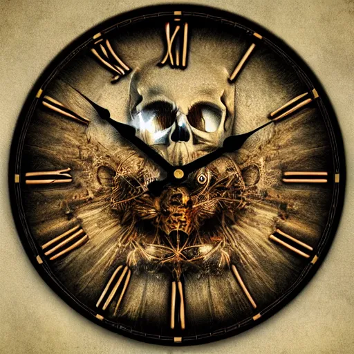 Prompt: a beautiful detailed 3 d matte portrait of a clock made of rodents, ominous, magical realism, texture, intricate, skull, skeleton, whirling smoke radiant colors, fantasy, volumetric lighting, high details