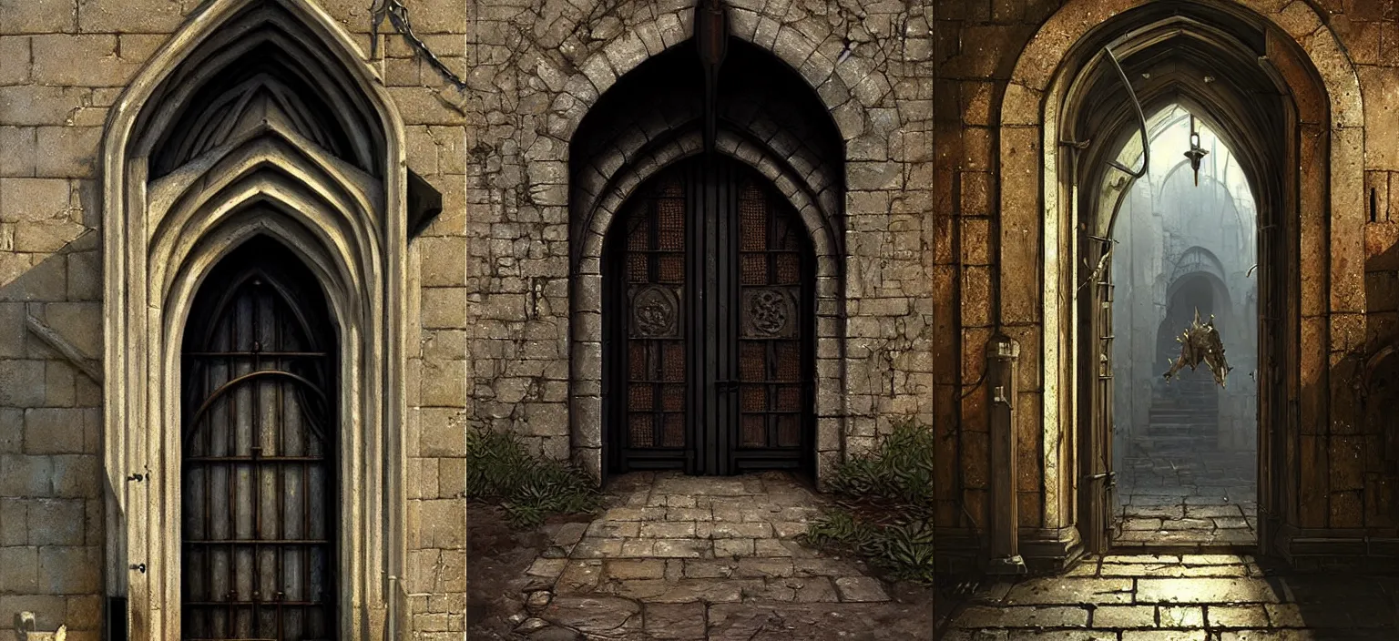 Prompt: medieval door with black steel bars, stephen bliss, unreal engine, fantasy art by greg rutkowski, loish, rhads, makoto shinkai, detailed and intricate environment