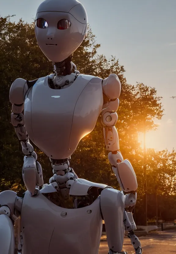 Prompt: a calming photograph of a slender, humanoid robot caresses a beautiful woman in the face, large shot, wide shot, in a street, sunset photo