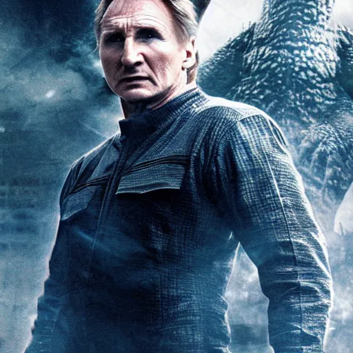 Image similar to liam neeson versus godzilla, movie poster, profile angle, high quality, realistic, head to head poster