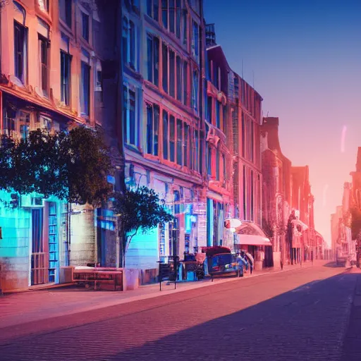 Image similar to a volumetric city of pure blue light, beautiful street with city structures of blue light emission, perspective looking through augmented reality, this town is rendered but the street is real life, photo