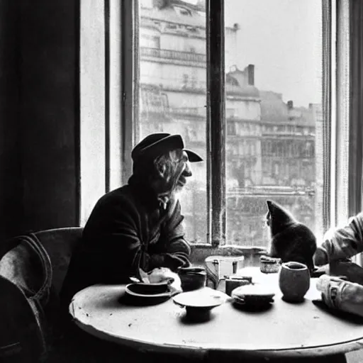 Image similar to mcgregor and jean rochefort are having a coffee. they are on nice conversation. a brown furry cat sits at the middle of the table. strong colours. nice atmosphere. 2 0 th century paris is seen on window. tobacco smoke. antique coffee cups.