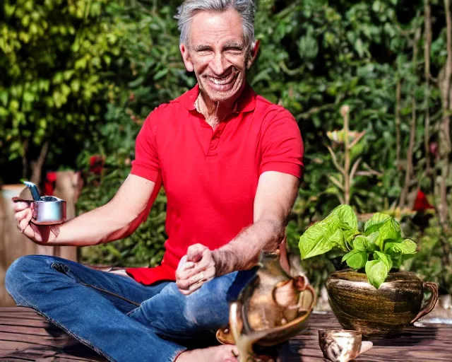 Image similar to mr robert is drinking fresh tea, smoke pot and meditate in a garden from spiral mug, detailed smiled face, muscular hands, golden hour closeup photo, red elegant shirt, eyes wide open