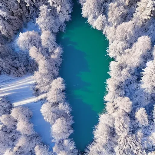 Prompt: photo of a lake covered in snow. the snow has melted in a cross shape and blue water can be seen. arial picture