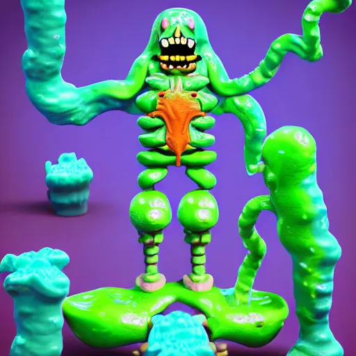 Image similar to slime lord king of the slime universe, skeleton, full body included, wide shot, 1 4 mm lens, f 2. 8, goopy, goop, fluids, soft tissue, subsurface scattering, reflections, ambient occlusion, raytracing, unreal engine 5, pixel art 8 - bit, by beeple