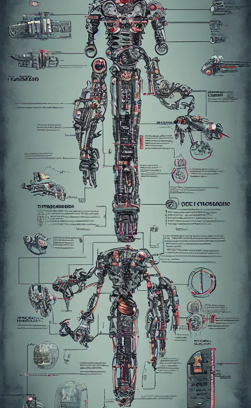 Image similar to anatomy of the terminator, robot, cyborg, t100, bloodborne diagrams, mystical, intricate ornamental tower floral flourishes, rule of thirds, technology meets fantasy, map, infographic, concept art, art station, style of wes anderson