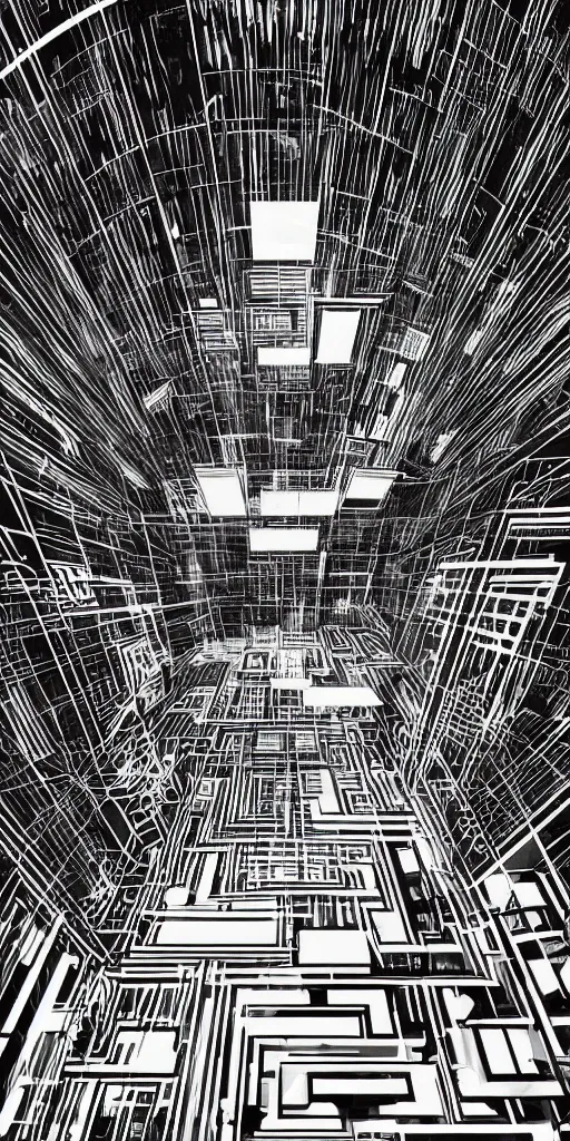 Prompt: futuristic black and white illustration of a room inside a brutalist building, view from above, in the style of hiversaires and tsutomu nihei, minimal architectural drawing, fisheye, black and white, graphical style poster, bold white futuristic symbols, vertical cyber symbols,