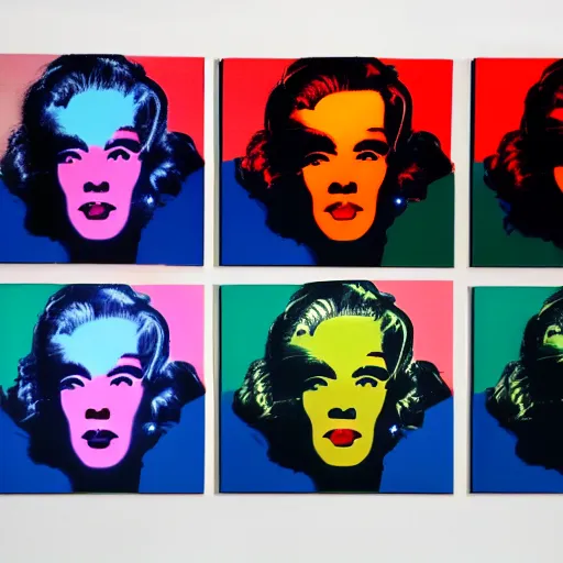 Image similar to old - style cyborg, 6 panels by andy warhol, with highly contrasted colors and an illuminating background