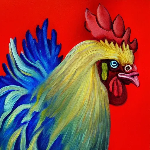 Image similar to oil painting of happy rooster ultra realism