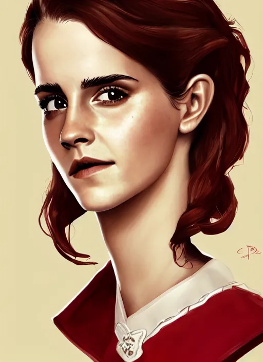 Image similar to a highly detailed illustration of emma watson as a long dark red haired wearing wine red epaulette uniform and coat cape, dramatic smiling pose, perfect face, intricate, elegant, highly detailed, centered, digital painting, artstation, concept art, smooth, sharp focus, league of legends concept art, wlop