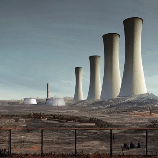 Prompt: a post apocalyptic nuclear power plant in a valley surrounded by hostile architecture a nightmare place that screams stay away cooling towers seen from a distance, digital concept art